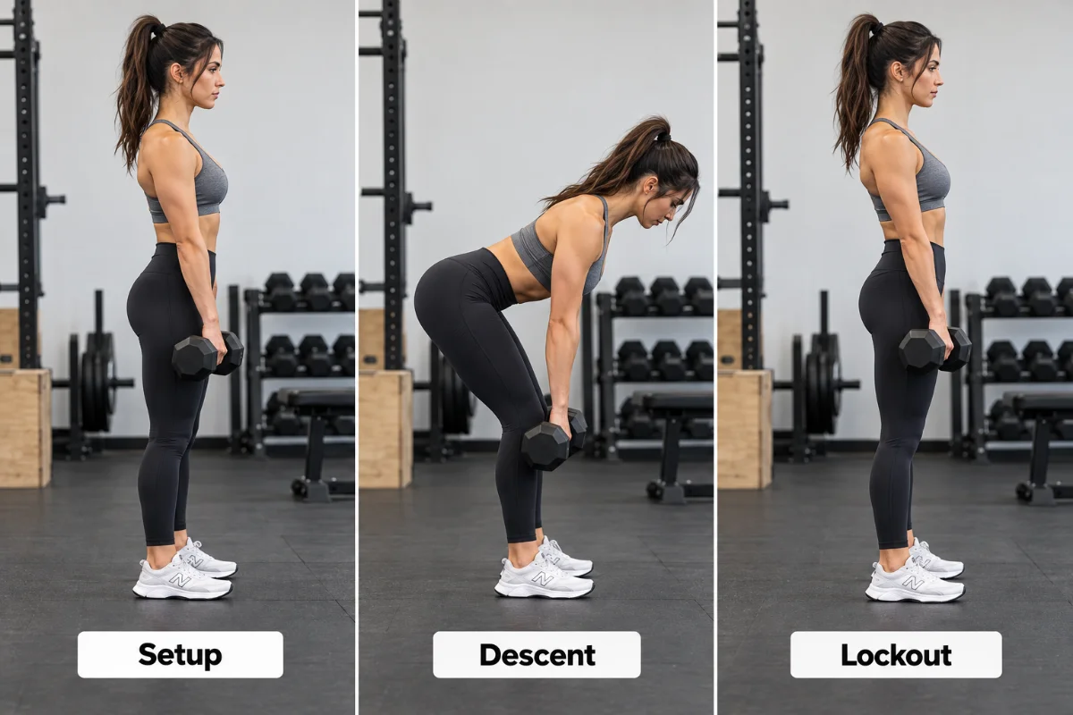 dumbbell romanian deadlift form — setup, descent, lockout