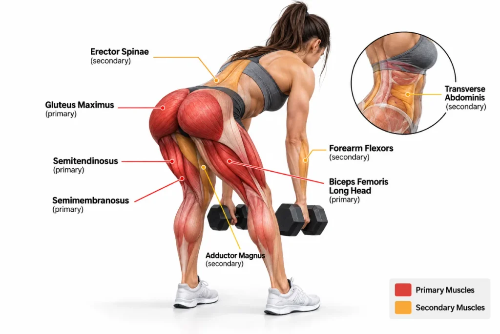 dumbbell romanian deadlift muscles worked — hamstrings glutes posterior chain
