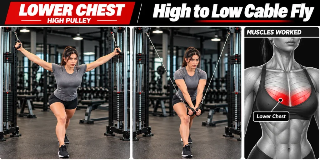 high to low cable fly for lower chest start and finish position