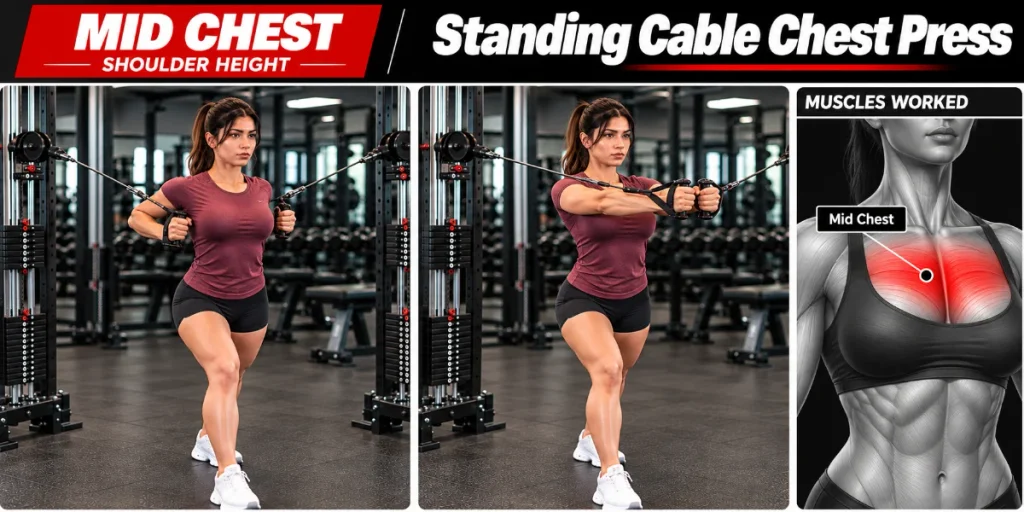 standing cable chest press split stance start and finish position