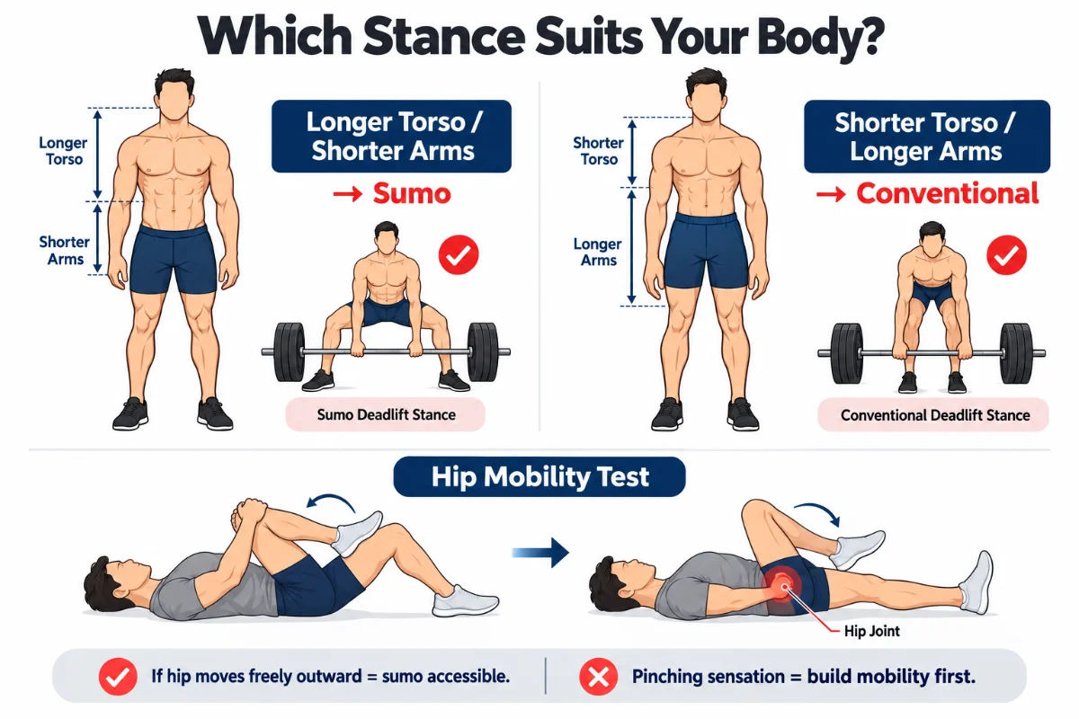 which deadlift stance suits your body type — torso length and arm length guide