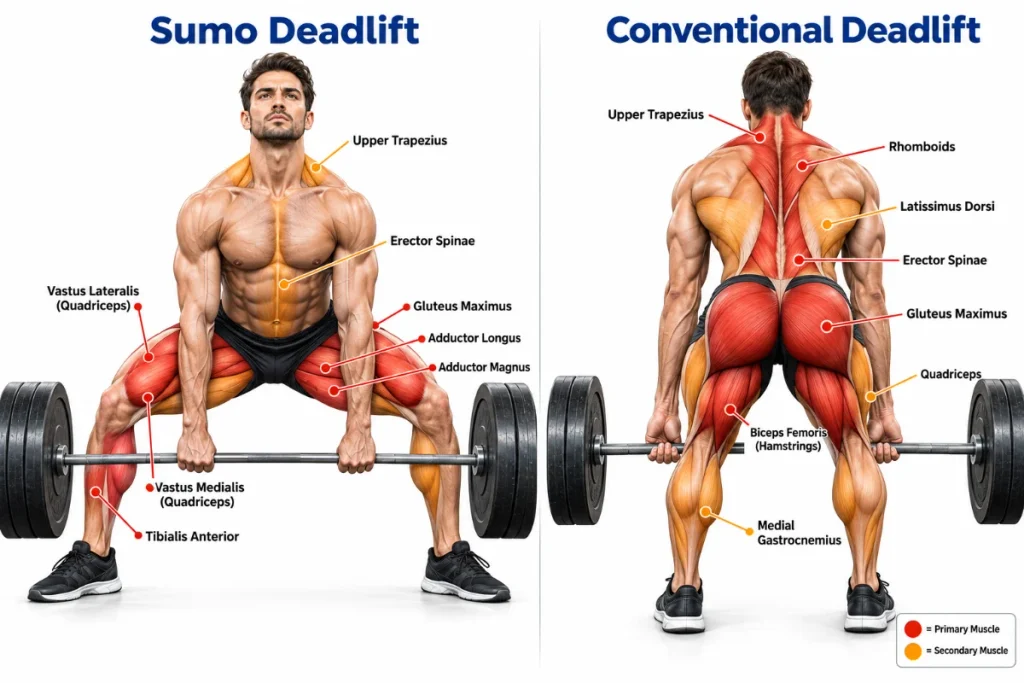 sumo vs conventional deadlift muscles worked — primary and secondary muscle groups comparison