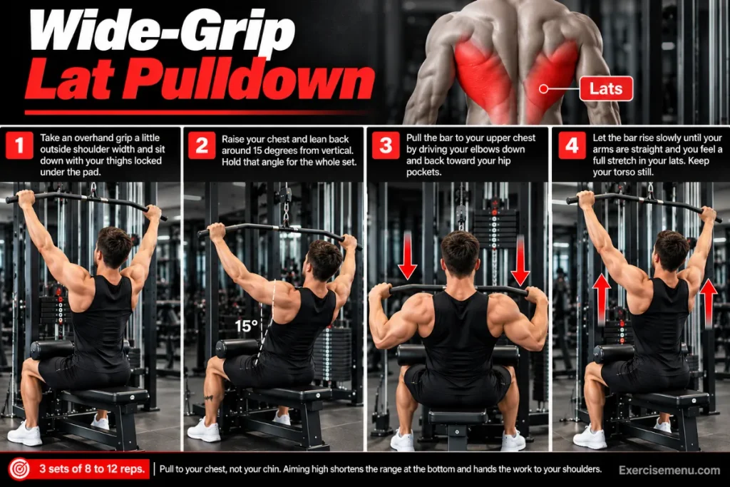 wide grip lat pulldown cable back exercise start and finish position